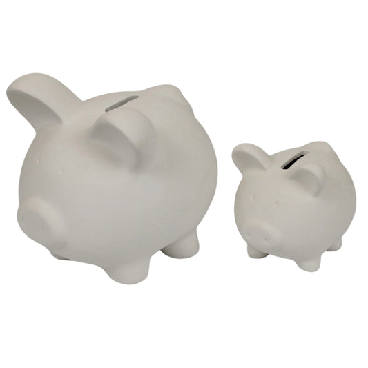 zwei unterschiedlich große Sparschweine aus Keramik zum Bemalen